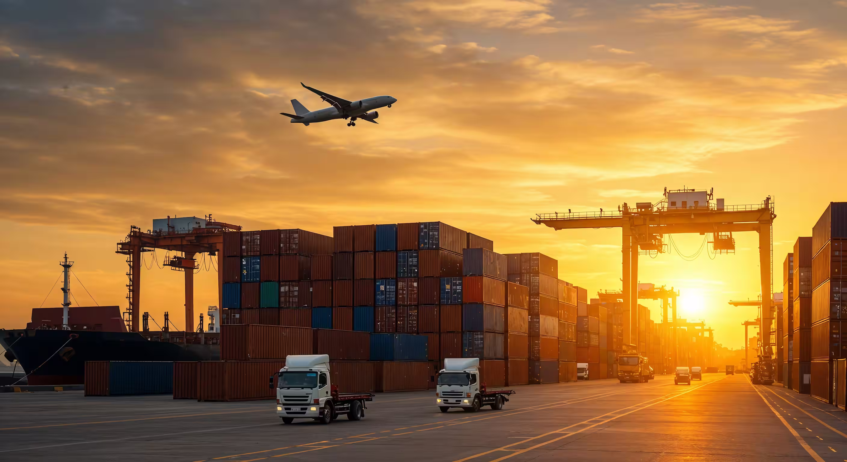 Logistics network in Gujarat showing shipping ports, trucks, and cargo